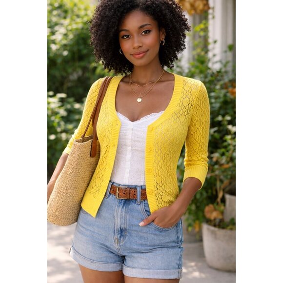 Tabitha Sweaters - Tabitha Yellow Lace Knit Cardigan Sweater | Medium | 100% Cotton | Retro Cottage